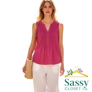 LOFT Pink Pleated V Neck Sleeveless Blouse XS Rayon Tank Top Resort EUC